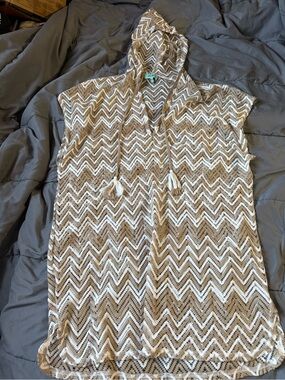 Aruba Blue Hooded Chevron Crochet Beach Swim Cover Up Tassel Boho Resort